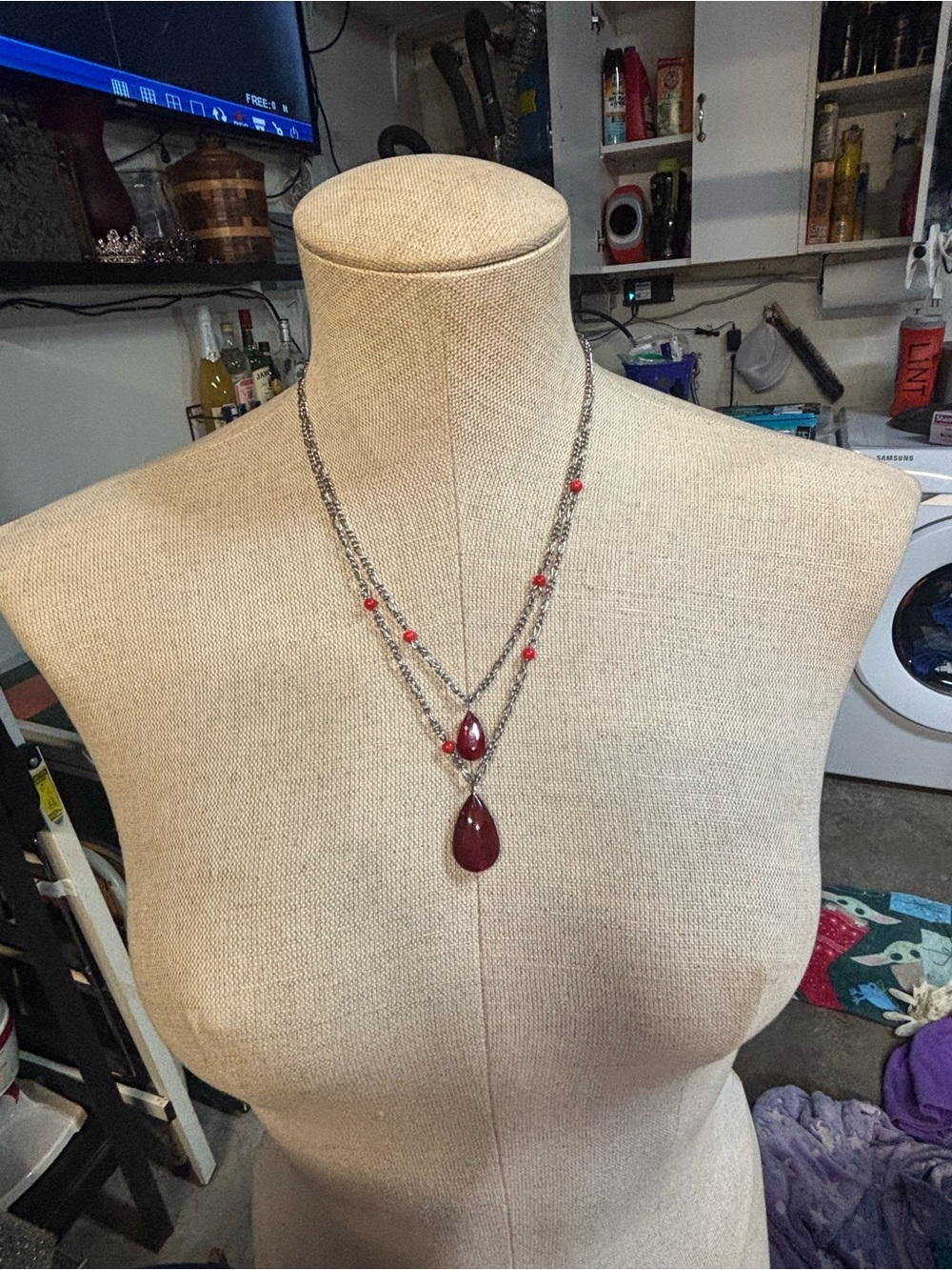 Layered Teardrop Pendant Necklace - Red Bead Accent